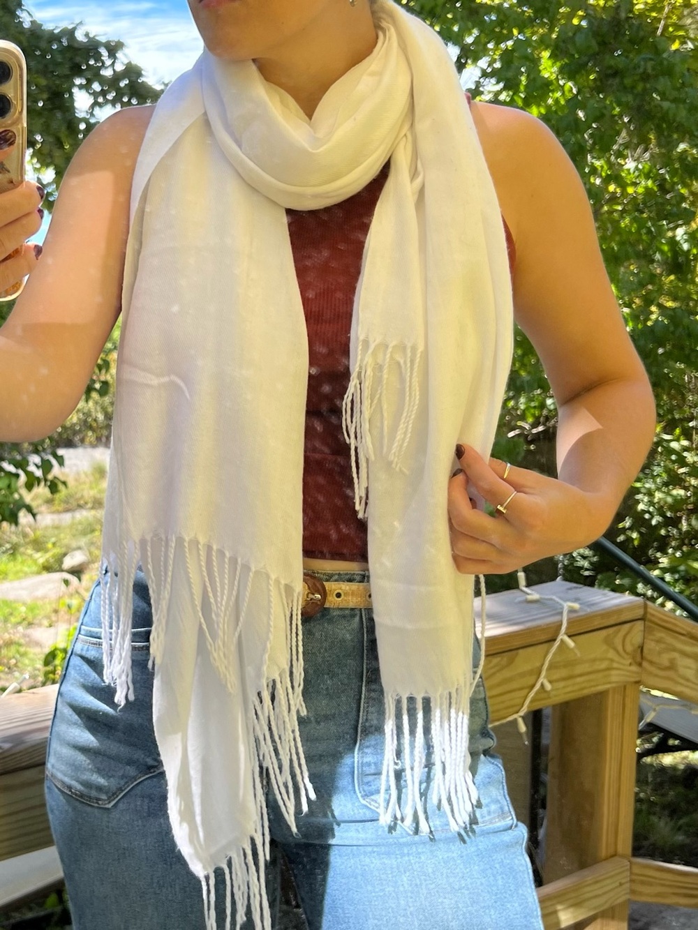 White  100% Cashmere Fringe Scarf